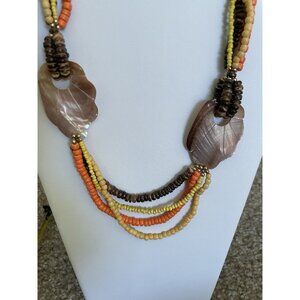 Multistrand Beaded Statement Necklace Shell Pendant Orange Yellow Brown Boho